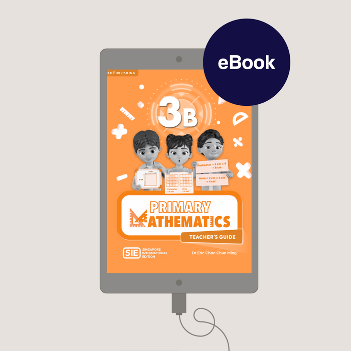 Digital tablet displaying a 'Primary Mathematics' teacher's guide eBook with an orange cover on a gray background.