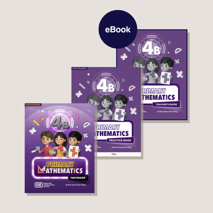 Set of primary mathematics educational materials including textbooks and a teacher's guide on a light gray background.