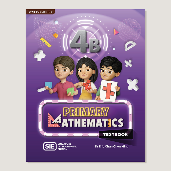 Textbook cover of Primary Mathematics SIE 4B with cartoon characters holding squares on a purple background