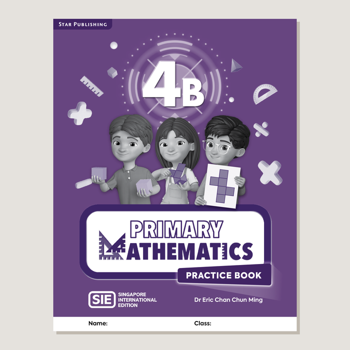 Practice book cover of "4B primary mathematics SIE" with cartoon characters holding deconstructed shapes and manipulatives on a purple background