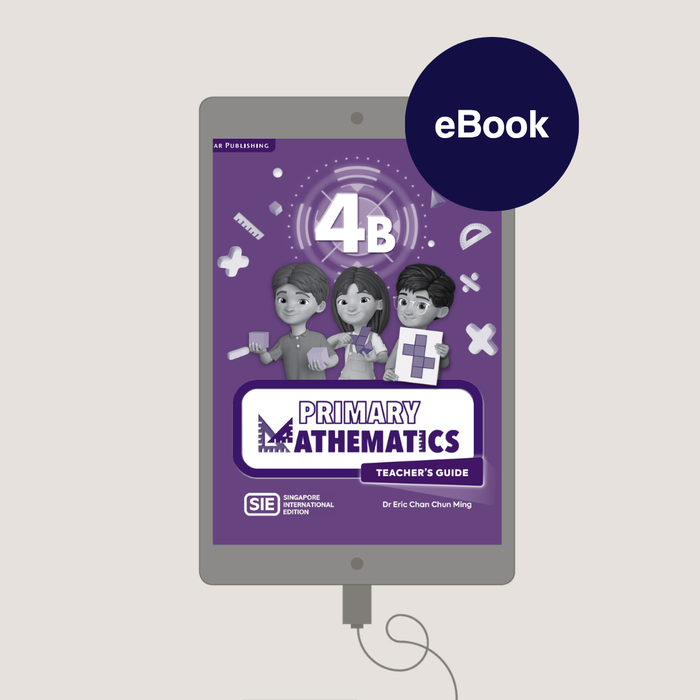 eBook cover of 'Primary Mathematics Teacher's Guide 4B' on a tablet with a purple background