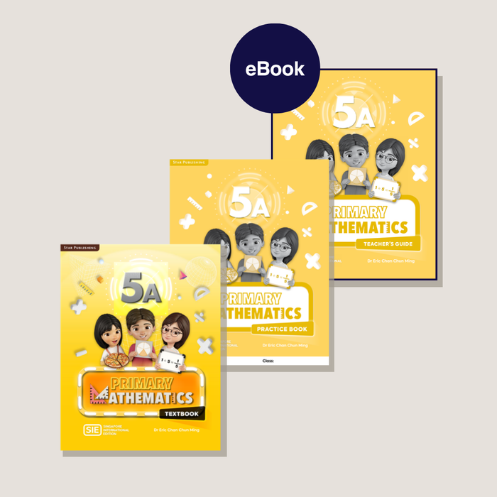 Set of educational books including a textbook, practice book, and teacher's guide for Primary Mathematics 5A on a light gray background.