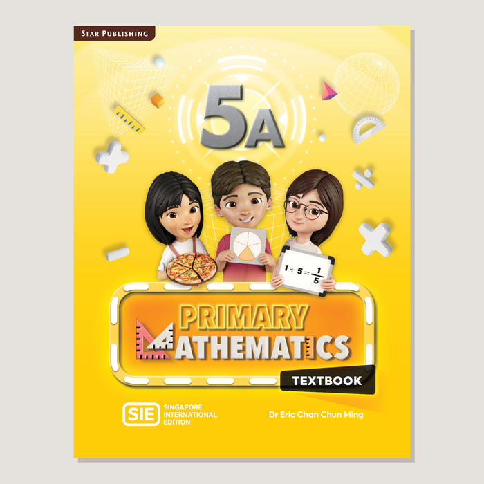 Textbook cover of Primary Mathematics SIE 5A with cartoon characters holding division objects and pie charts on a yellow background