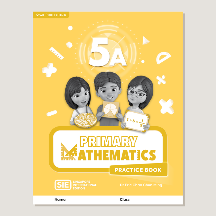 Practice book cover of "5A Primary Mathematics SIE" with cartoon characters holding division math objects on a yellow background