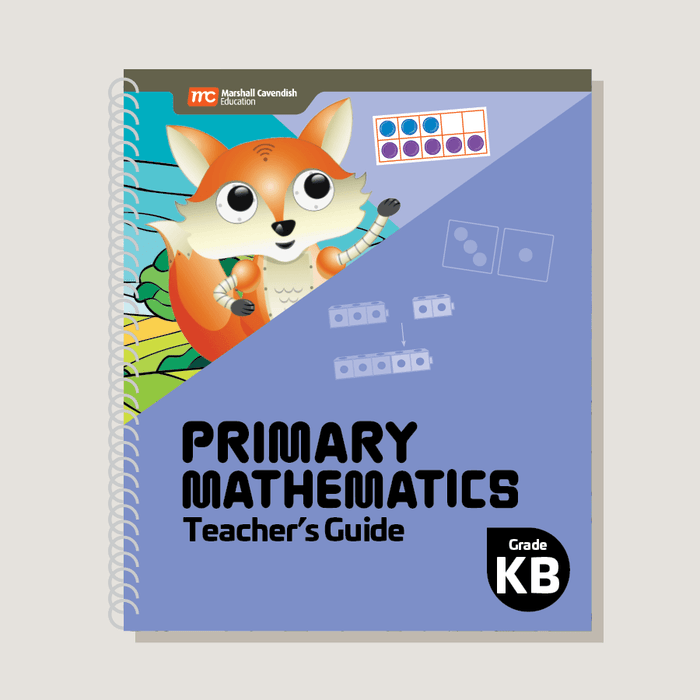 Primary Mathematics Teacher's Guide Grade KB cover, spiral-bound with a blue background featuring a robotic fox mascot and math objects