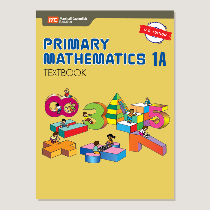 Textbook cover of 'Primary Mathematics 1A' with colorful illustrations on a yellow background