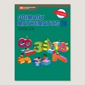 Textbook cover of 'Primary Mathematics 2B' with colorful illustrations on a green background