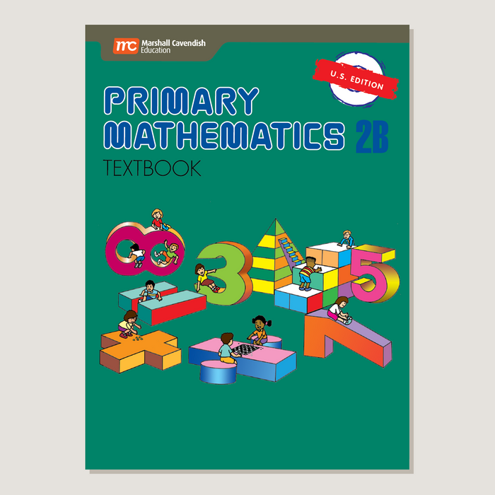 Textbook cover of 'Primary Mathematics 2B' with colorful illustrations on a green background