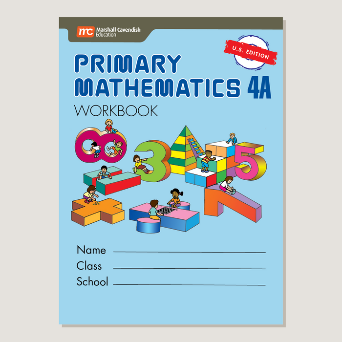 Primary Mathematics 4A workbook cover with colorful numbers and children on a light blue background