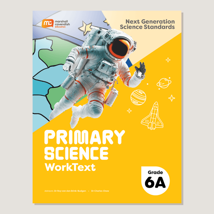 Book cover of 'Primary Science WorkText' for Grade 6A with an astronaut illustration on a yellow background.