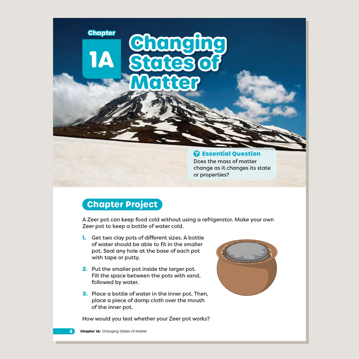 Educational page about changing states of matter with a mountain and cloud background