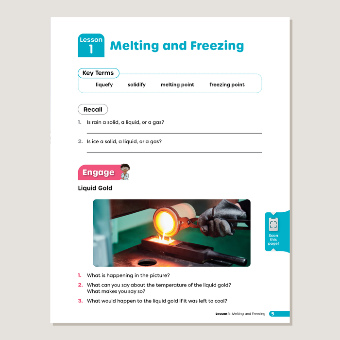 Educational worksheet on melting and freezing with key terms and a question about liquid gold.
