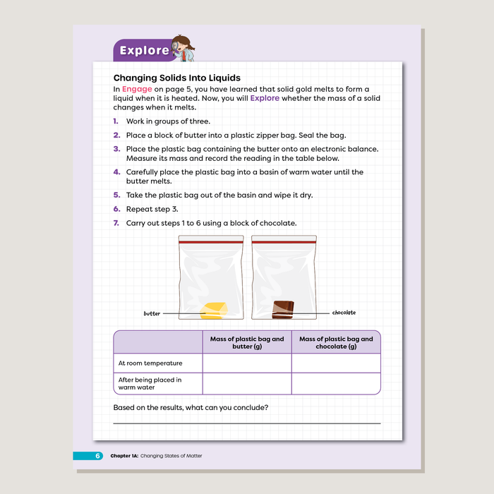 Educational worksheet on changing solids into liquids with text and illustrations.