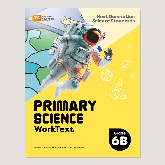 Book cover of 'Primary Science WorkText Grade 6B' with an astronaut illustration on a yellow background.
