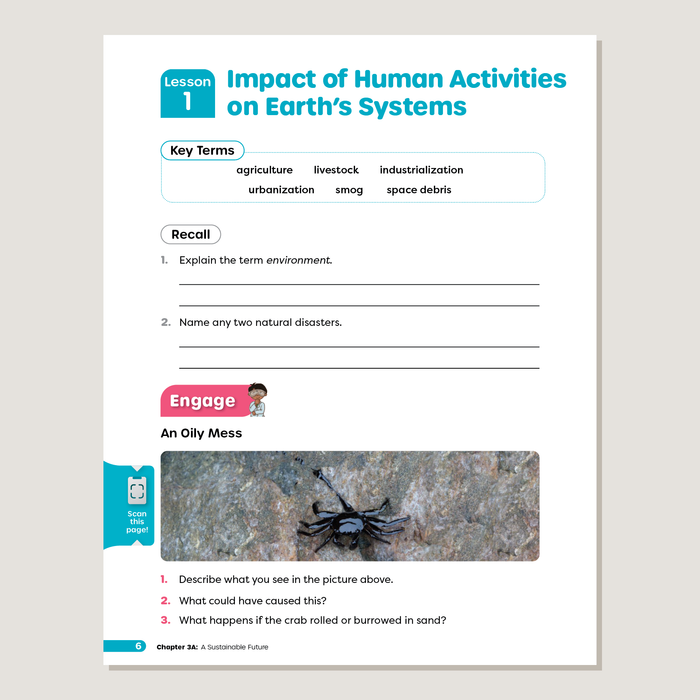 Educational worksheet on the impact of human activities on Earth's systems with key terms and questions.