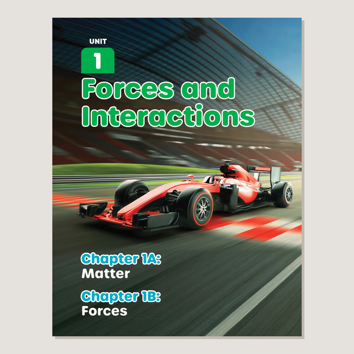 Book cover with a racing car on a track, titled 'Forces and Interactions' with chapters listed.
