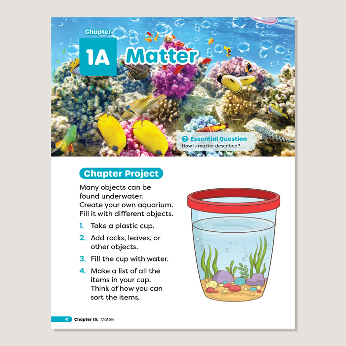 Educational page about matter with an aquarium project and underwater scene