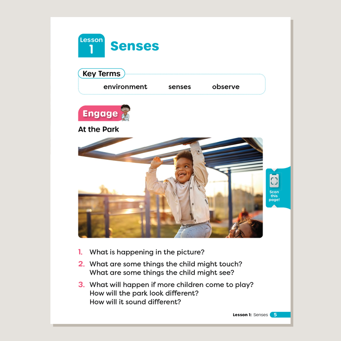 Educational page about senses with a child at the park on a light gray background