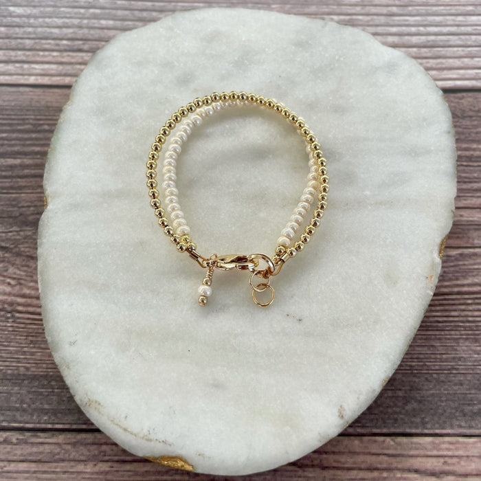 Quill and Goose 14K Gold Double Strand Bracelet - Mini Luster Ivory