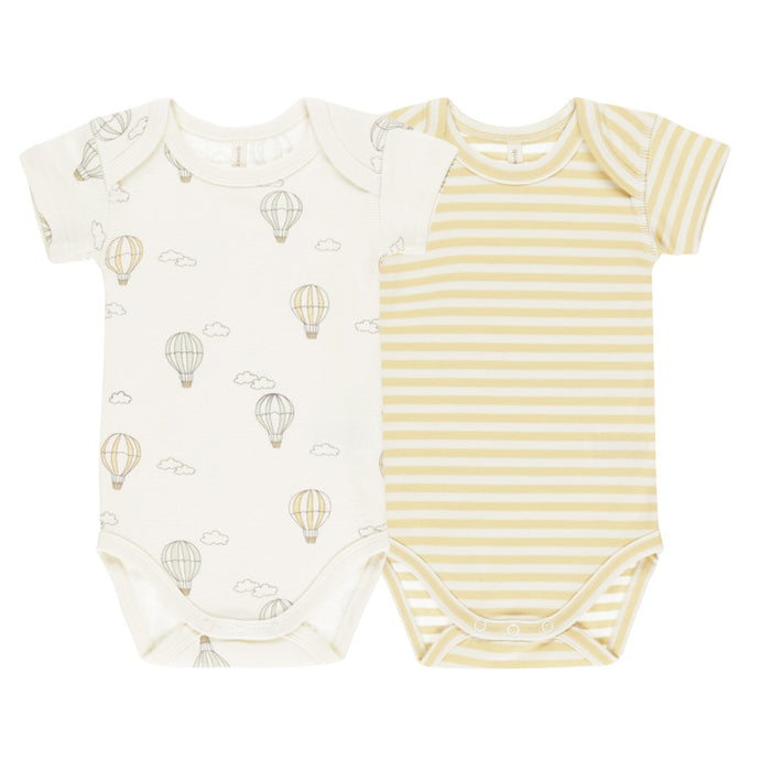 Quincy Mae Short Sleeve Bodysuit - 2 Pack - Hot Air Balloons / Yellow Stripe