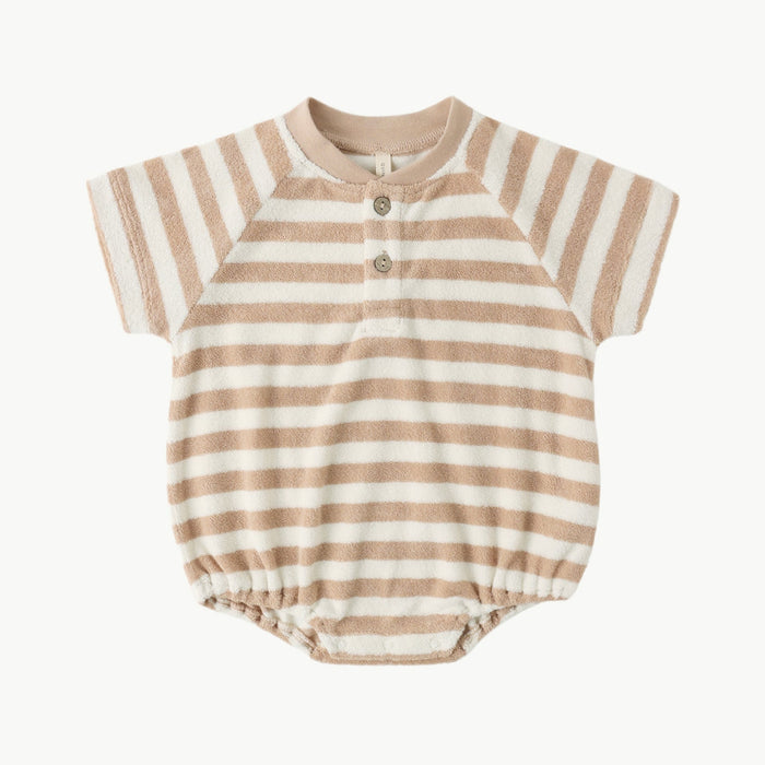 Quincy Mae Terry Henley Romper - Latte Stripe