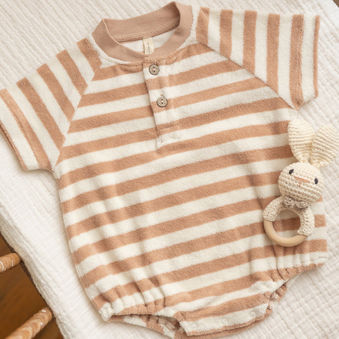 Quincy Mae Terry Henley Romper - Latte Stripe