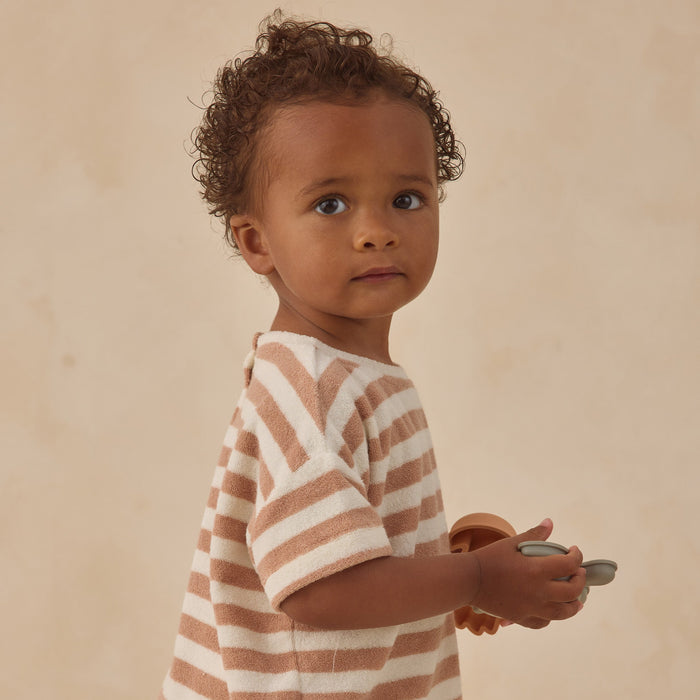 Quincy Mae Terry Tee + Short Set - Latte Stripe