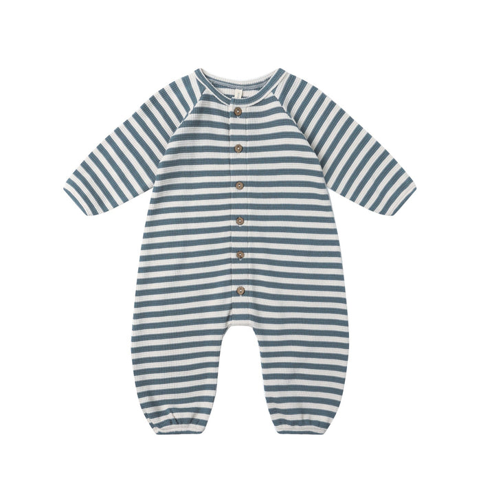 Quincy Mae Waffle Long Sleeve Jumpsuit - Ocean Stripe