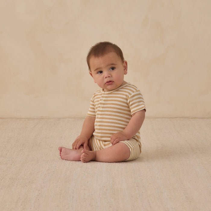 Quincy Mae Waffle Snap Romper - Butterscotch Stripe