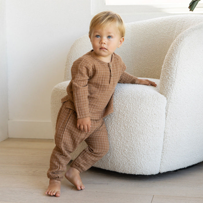Toddler wearing Quincy Mae Zion Shirt - Cinnamon Grid