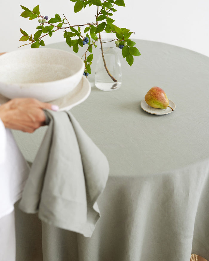 Round linen tablecloth in Calm Sage