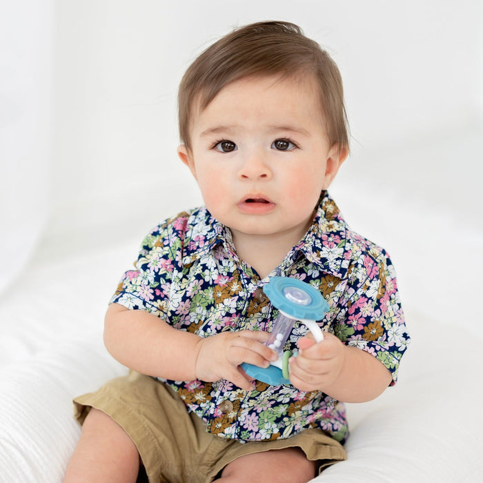 Little boy plays with Ryan and Rose Gear Teether Rattle Toy - Oxford