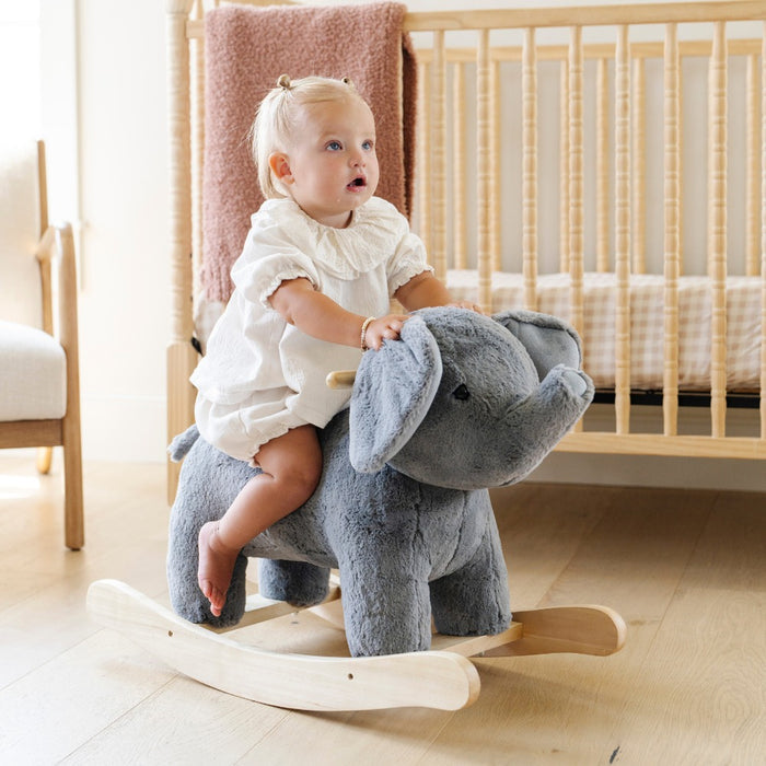 Little girl rides Saranoni Stuffed Animal Rocker - Elephant