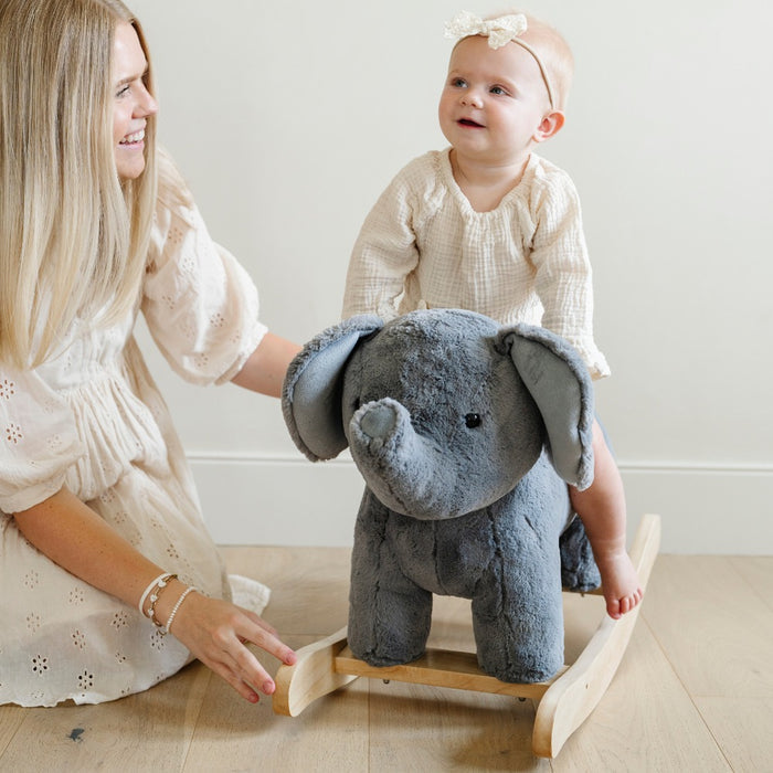 Little girl rides Saranoni Stuffed Animal Rocker - Elephant
