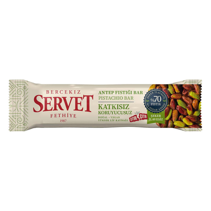 Servet Sekerleme Pistachio Bar is a deliciously simple and nutritious snack made with 70% premium Antep pistachios, date juice concentrate, and freshly squeezed lemon juice.