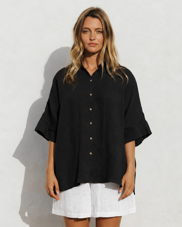 Short-sleeved linen top CABRERA in Black