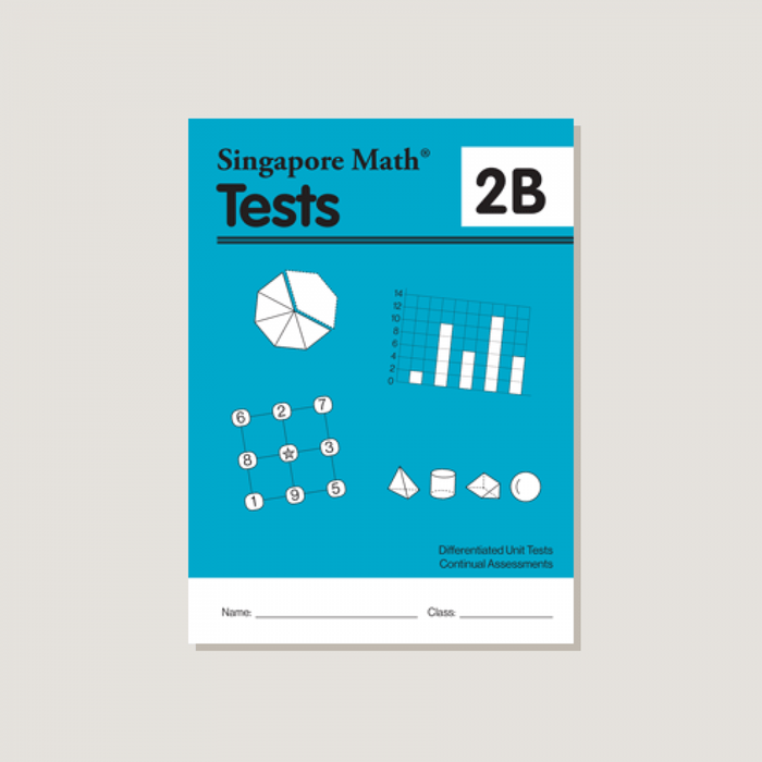 Cover of Singapore Math Tests 2B book with graphical elements and test-related icons