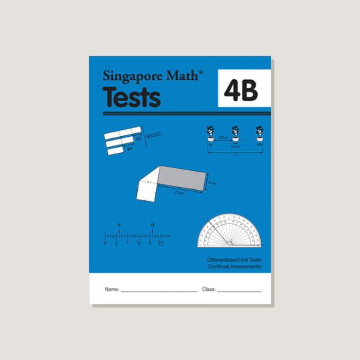 Cover of the 'Singapore Math Tests 4B' book with a blue background featuring a white protractor, a yellow pencil, and a white eraser.