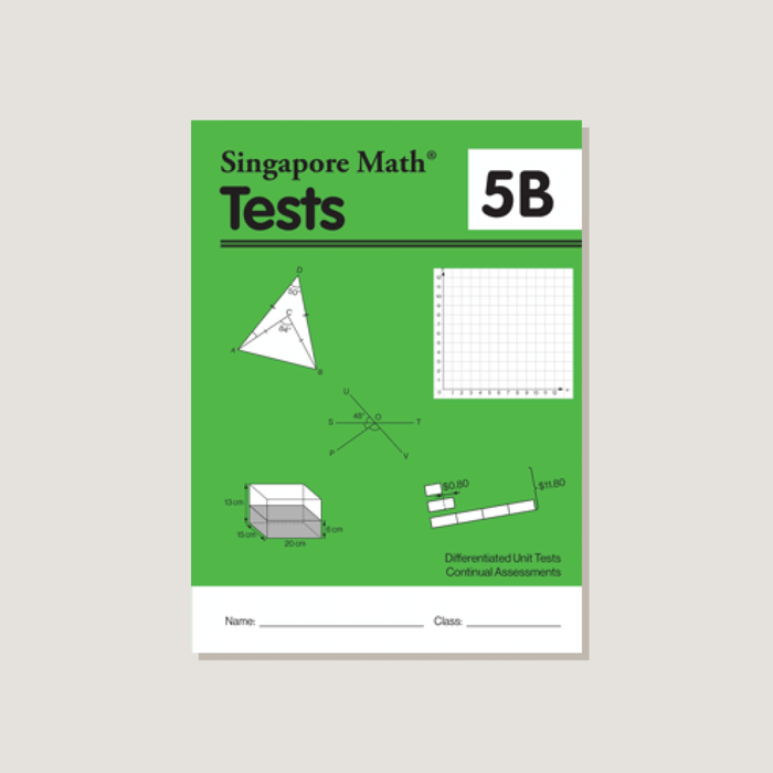 Cover of Singapore Math Tests 5B book, featuring a green background with a title and a graphic of a geometric shape and a bar graph.
