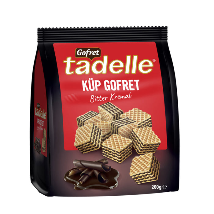 Tadelle Kup Wafer with Dark Chocolate Cream is a rich and crunchy treat made in Türkiye, combining crispy wafer layers with a bold dark chocolate and cocoa cream filling.