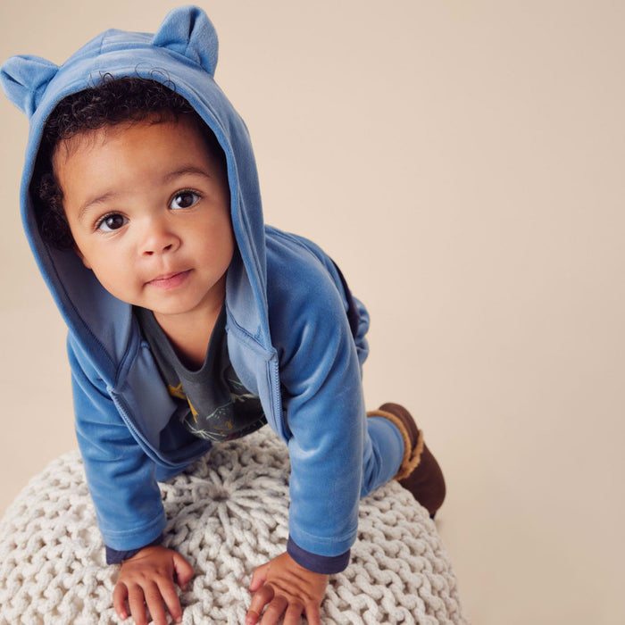 Toddler wearing Tea Collection Bear Ears Velour Baby Hoodie - Coronet Blue
