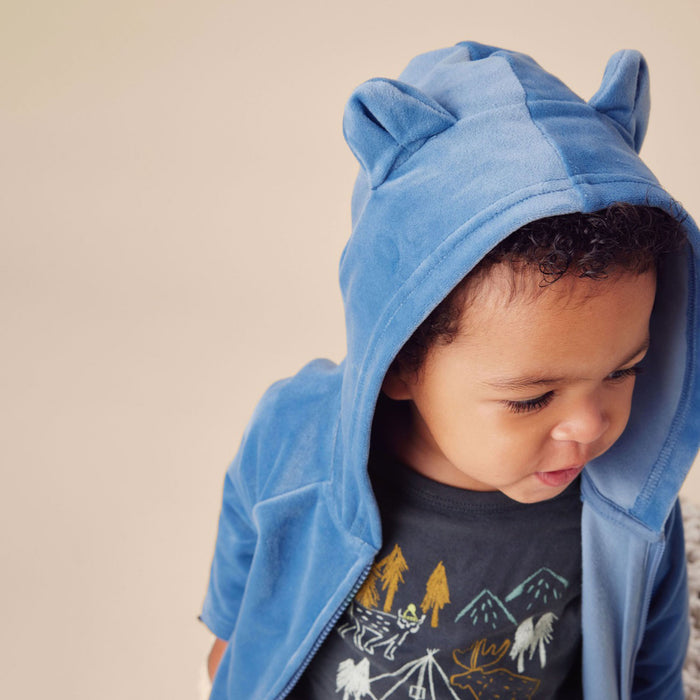 Toddler wearing Tea Collection Bear Ears Velour Baby Hoodie - Coronet Blue