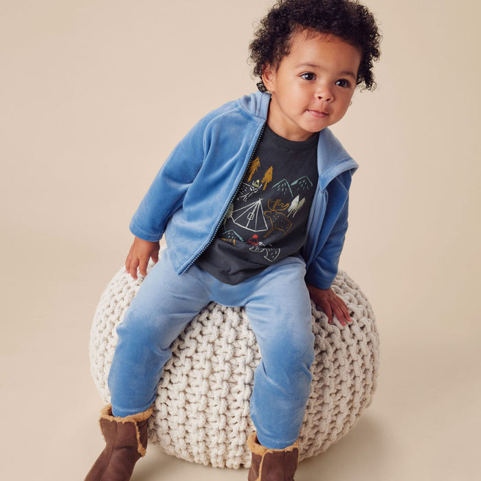 Toddler wearing Tea Collection Bear Ears Velour Baby Hoodie - Coronet Blue
