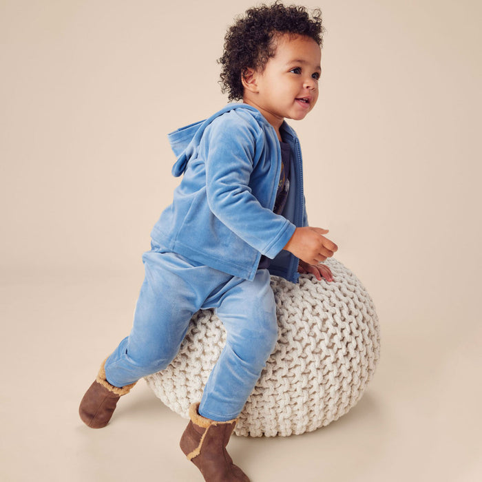 Toddler wearing Tea Collection Bear Ears Velour Baby Hoodie - Coronet Blue
