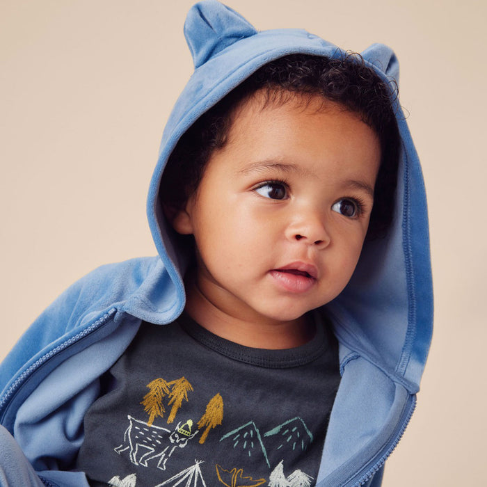Toddler wearing Tea Collection Bear Ears Velour Baby Hoodie - Coronet Blue