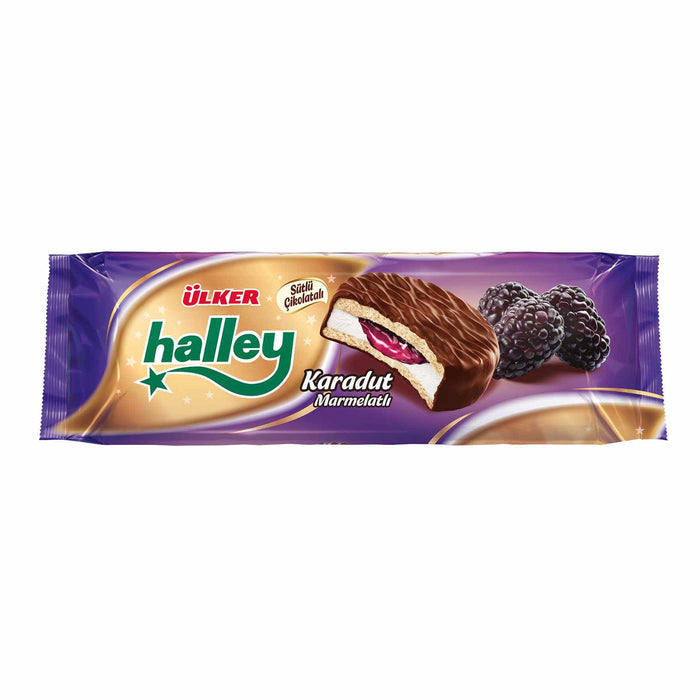 Experience the irresistible fusion of flavors in Ulker Halley Black Mulberry Sandwich Biscuit.