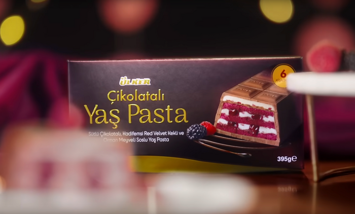 Box of Ulker chocolate cake with a blurred background