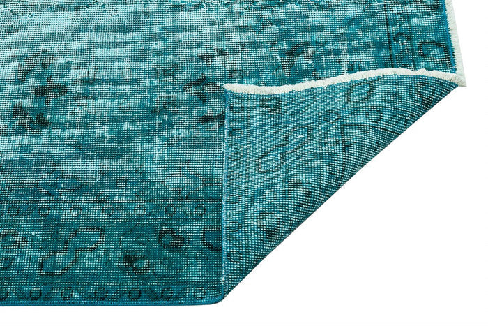 Vintage Turquoise Color Black Floral Patterned Hand Woven Carpet