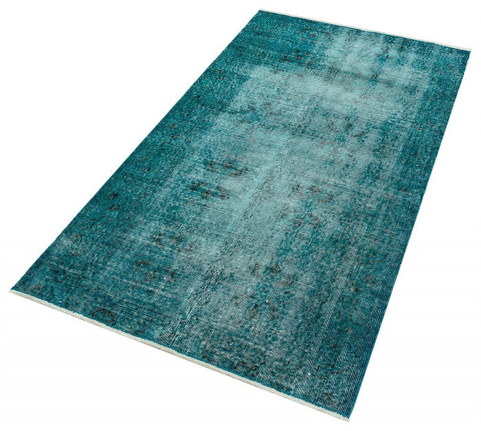 Vintage Turquoise Color Black Floral Patterned Hand Woven Carpet