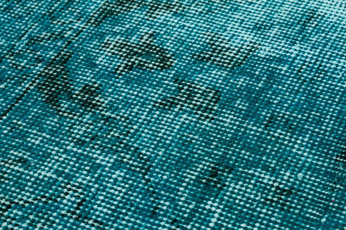 Vintage Turquoise Color Black Floral Patterned Hand Woven Carpet